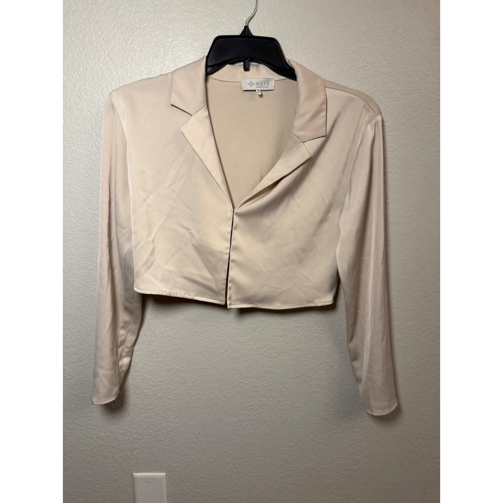 WAYF Champagne Satin Cropped Blouse Long Sleeve Notched Lapel Beige Small